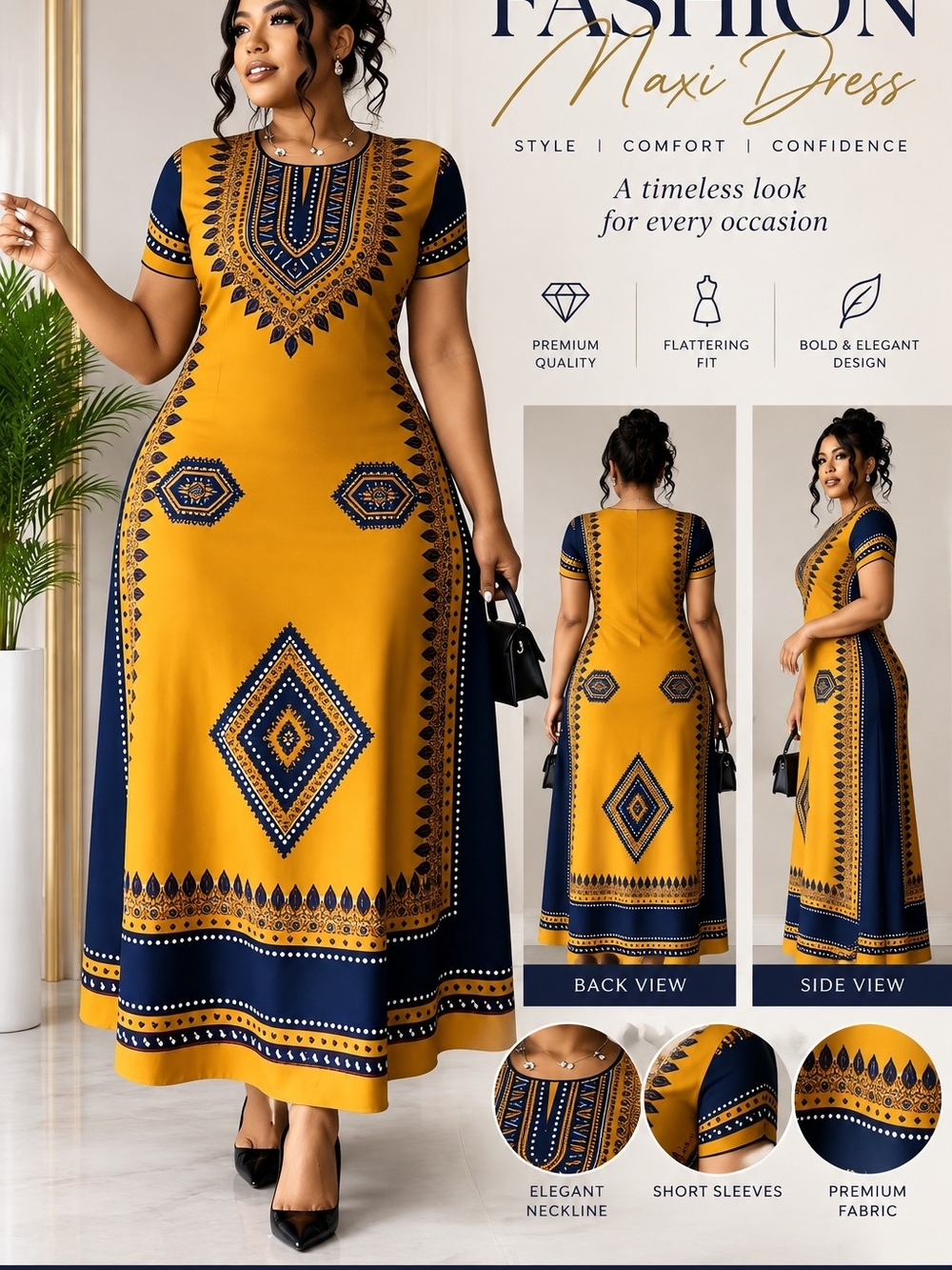 Mustard & Navy Geometric Maxi Dress by